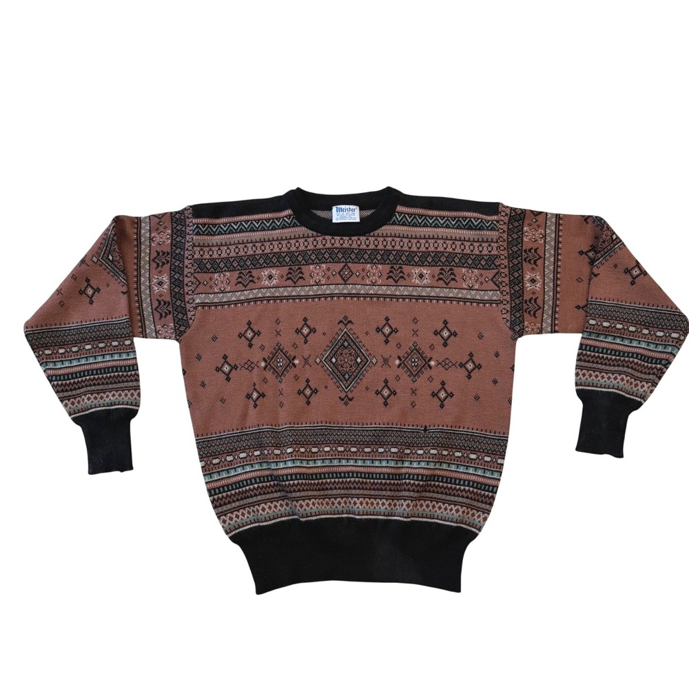 Vintage 80s Meister Ski Sweater Mens Unisex Large Brown Aztec Geometric Knit